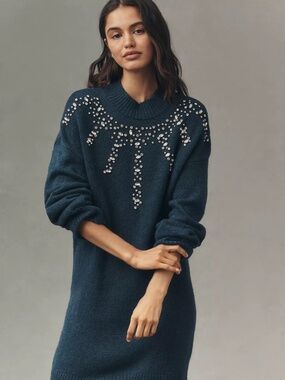 Anthropologie Long-Sleeve Embellished Sweater Dress XS NWT $198